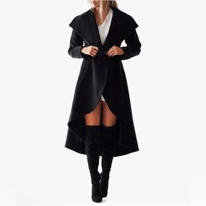 Black High-Low Wrap Coat with Large Dramatic Collar